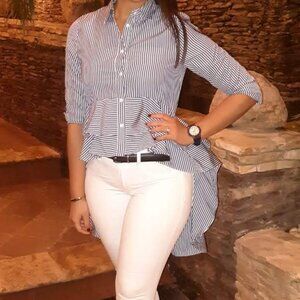 Zara Blue Striped Peplum button down (Blue/White) (Size S)